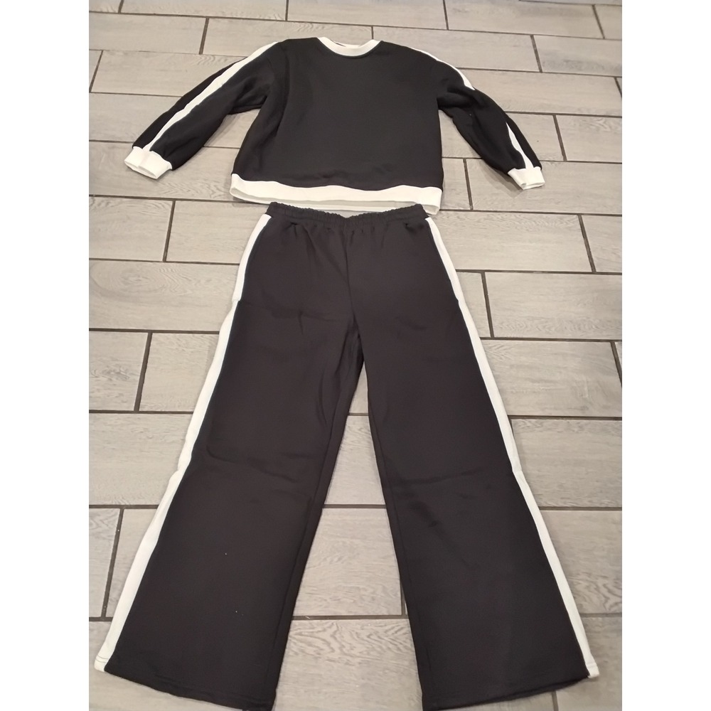 Womens Black White Stripe Sweatshirt Pants Lounge Set Activewear Size L